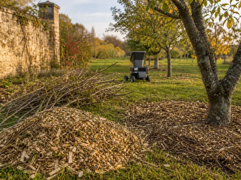 Branches, tas de broyat frais et paillage sous un fruitier, broyeur en arrière-plan