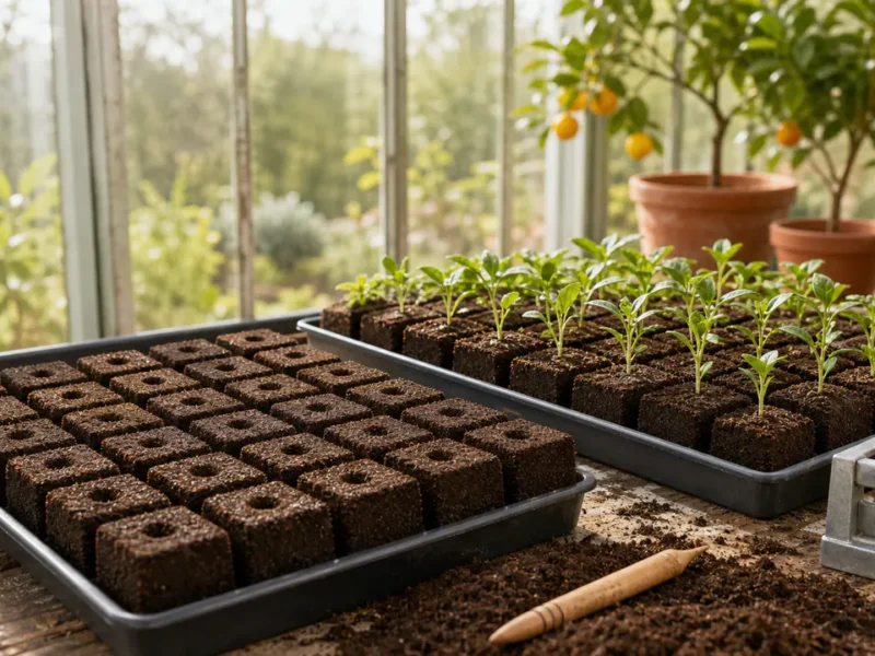Deux plateaux de mottes cubiques, l'un avec empreintes et l'autre avec jeunes plants, presse-motte au bord de la table