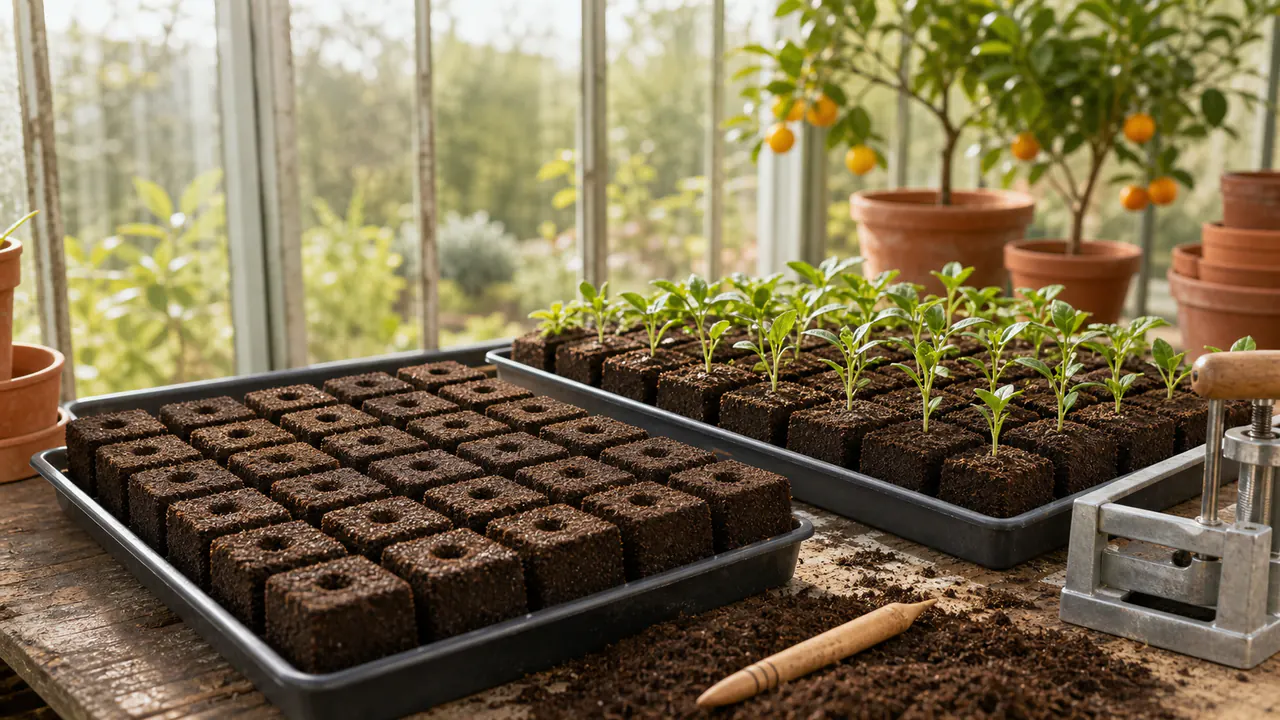 Two trays of cubic soil blocks, one with seed dibbles and one with young plants, with a soil blocker at the edge of the table