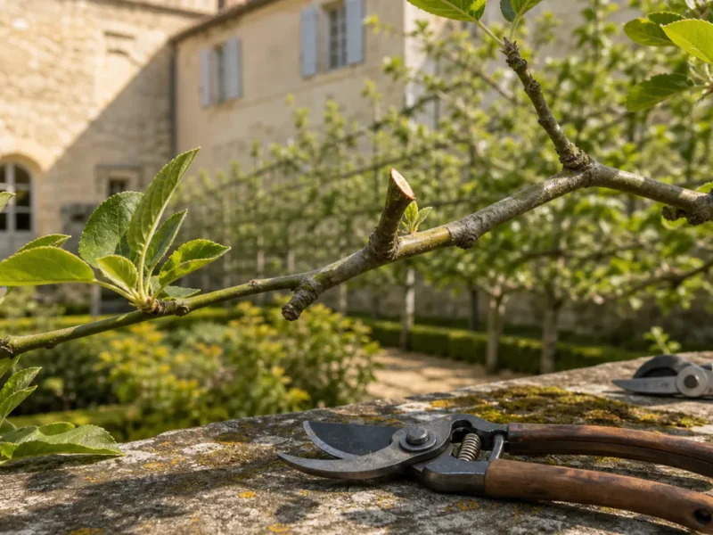 Rameau de fruitier avec une coupe nette, devant deux sécateurs posés sur un muret de pierre