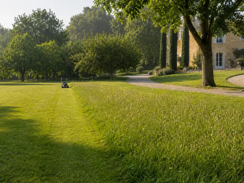 Transition nette entre pelouse tondue et herbe haute, avec une tondeuse au loin dans un jardin de domaine