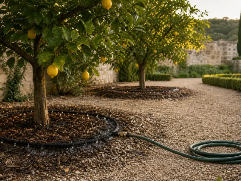 Tuyau renforcé relié à une ligne microporeuse autour d'un citronnier, avec gouttes d'eau et sol humide visibles
