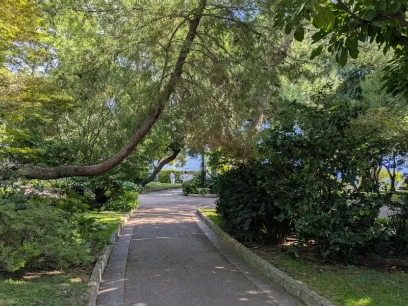 Allée ombragée des jardins Saint-Martin à Monaco, entre végétation méditerranéenne et mer