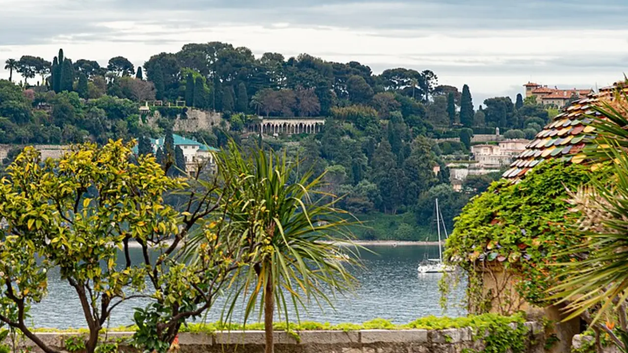 Mediterranean planting and bay seen from Villefranche-sur-Mer Citadel gardens in April 2025