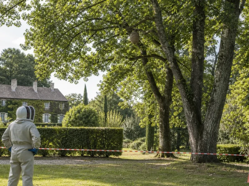 Professionnel équipé observant à distance un nid de frelon balisé dans le grand jardin d'un domaine