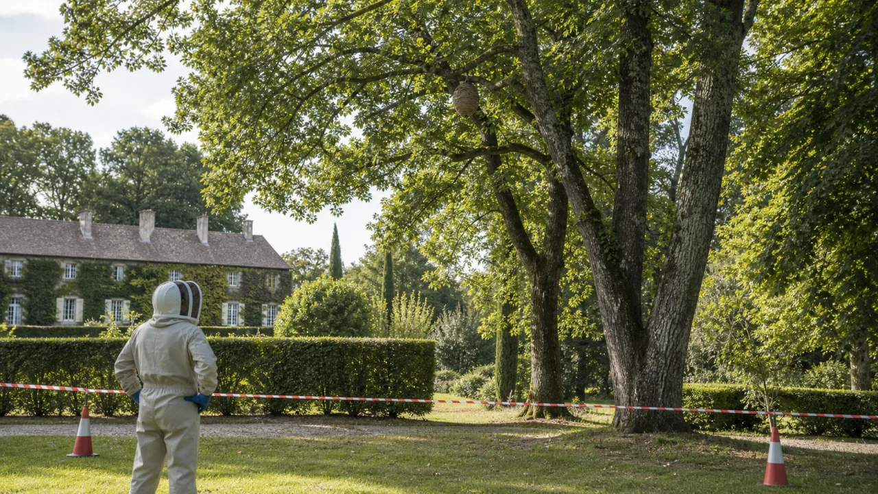 Protective-suited specialist observing a cordoned hornet nest from a safe distance in a country-estate garden