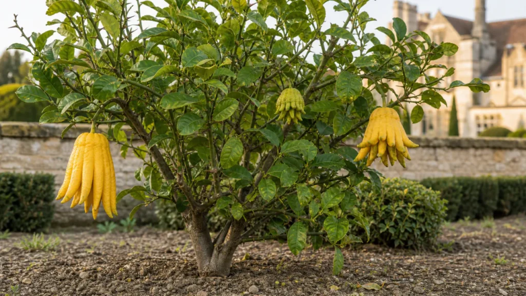 Buddha's Hand citron shrub planted in open ground, bearing three yellow and yellow-green fruits with naturally varied fingers in an estate garden