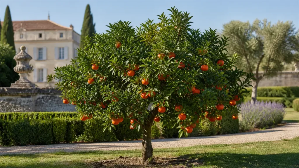 Whole Dancy tangerine tree planted in open ground in the estate garden with seven naturally varied reddish-orange fruit