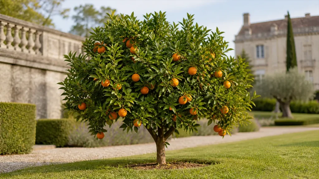 Whole Fortune mandarin hybrid tree planted in open ground in the estate garden, carrying a moderate irregular load of medium orange fruit with naturally uneven coloration in late winter light.