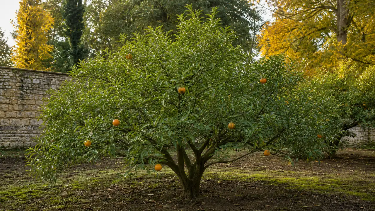 Mandarinier Fortune entier planté en pleine terre portant quelques mandarines orange irrégulièrement réparties