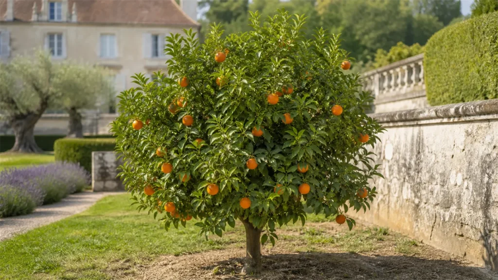 Whole Nadorcott mandarin tree planted in open ground with about eight orange fruit in the estate orchard