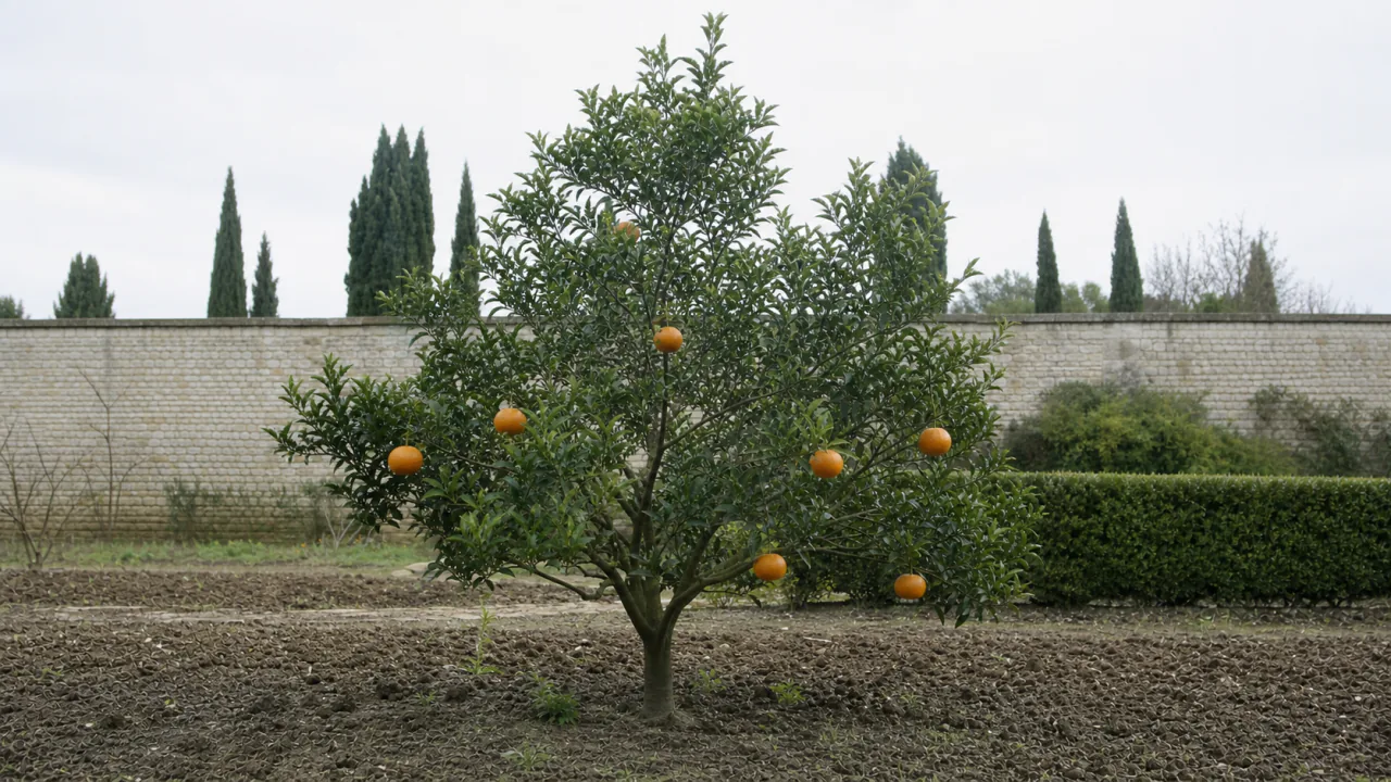 Ganzer Nadorcott-Mandarinenbaum frei im Boden mit etwa acht orangefarbenen Früchten im Gutsgarten