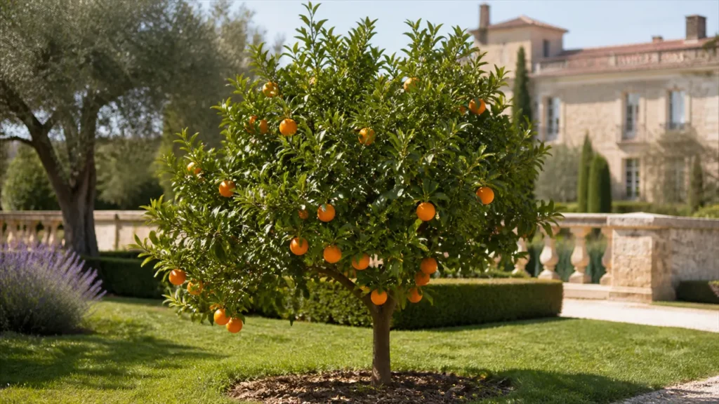 Whole Nova/Clemenvilla mandarin tree planted in open ground with several naturally varied orange fruits