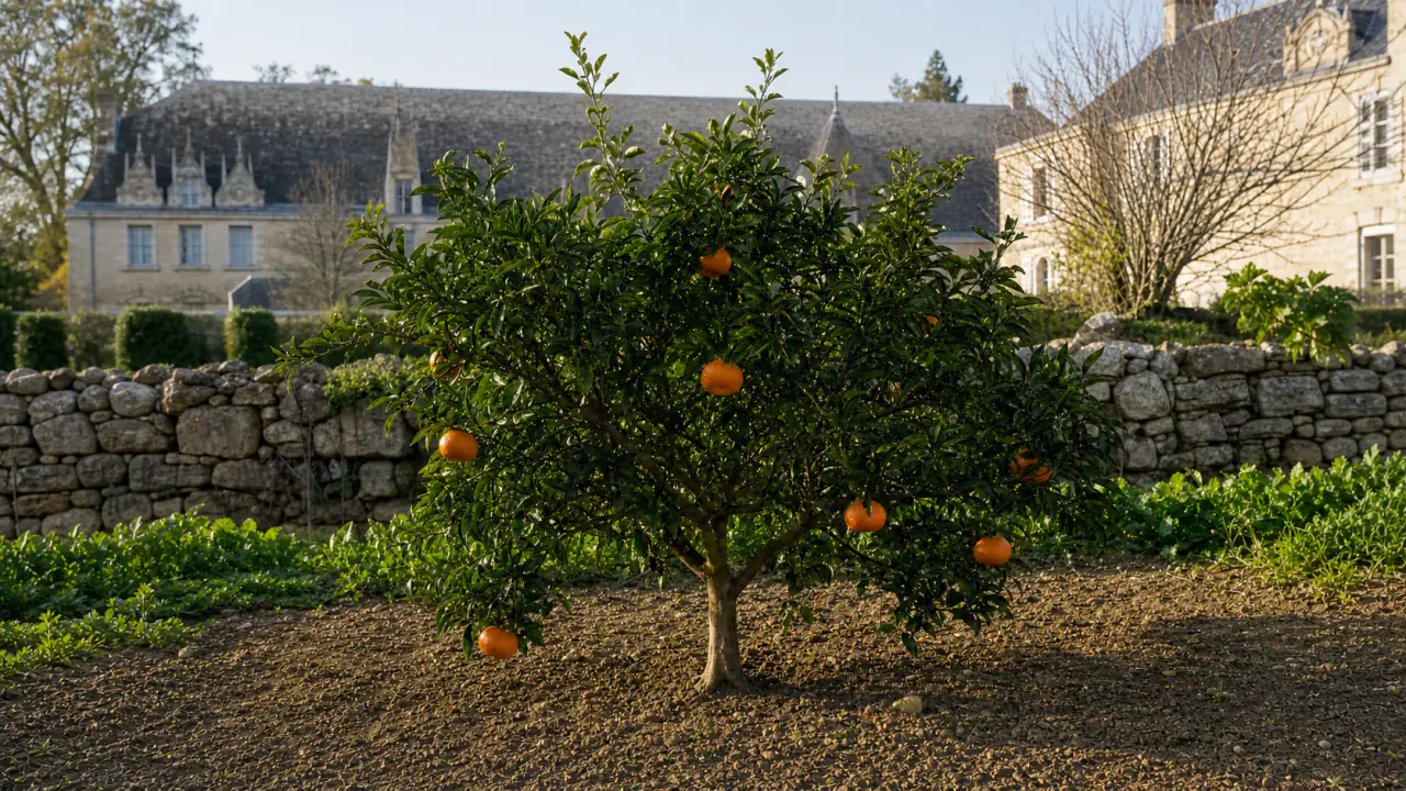 Ganzer Nova-/Clemenvilla-Mandarinenbaum in gewachsenem Boden mit mehreren natürlich unterschiedlichen orangefarbenen Früchten