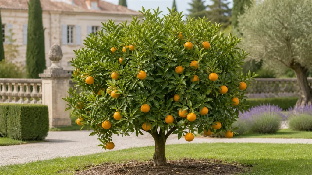Whole Orri mandarin tree planted in open ground in the estate garden with four orange fruit