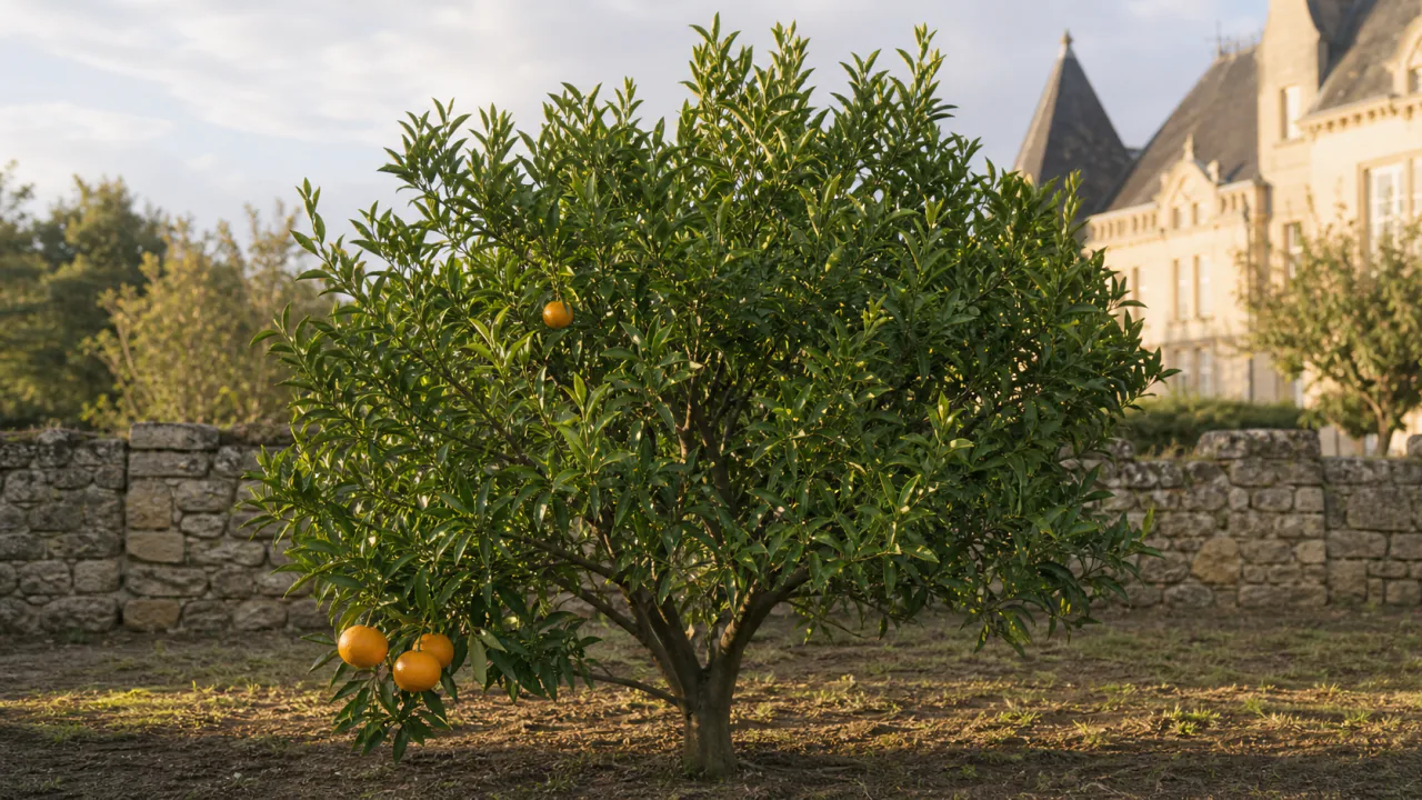Mandarinier Orri entier planté en pleine terre dans le jardin du domaine, portant quatre fruits orange