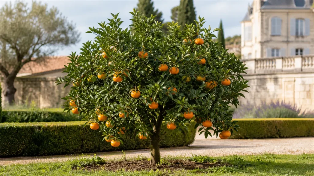 Whole Ponkan tree planted in open ground, carrying a moderate crop of oblate orange fruit in the estate garden