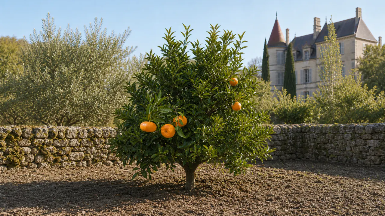 Pom Ponkan întreg plantat în sol, cu o încărcătură moderată de fructe portocalii turtite în grădina domeniului