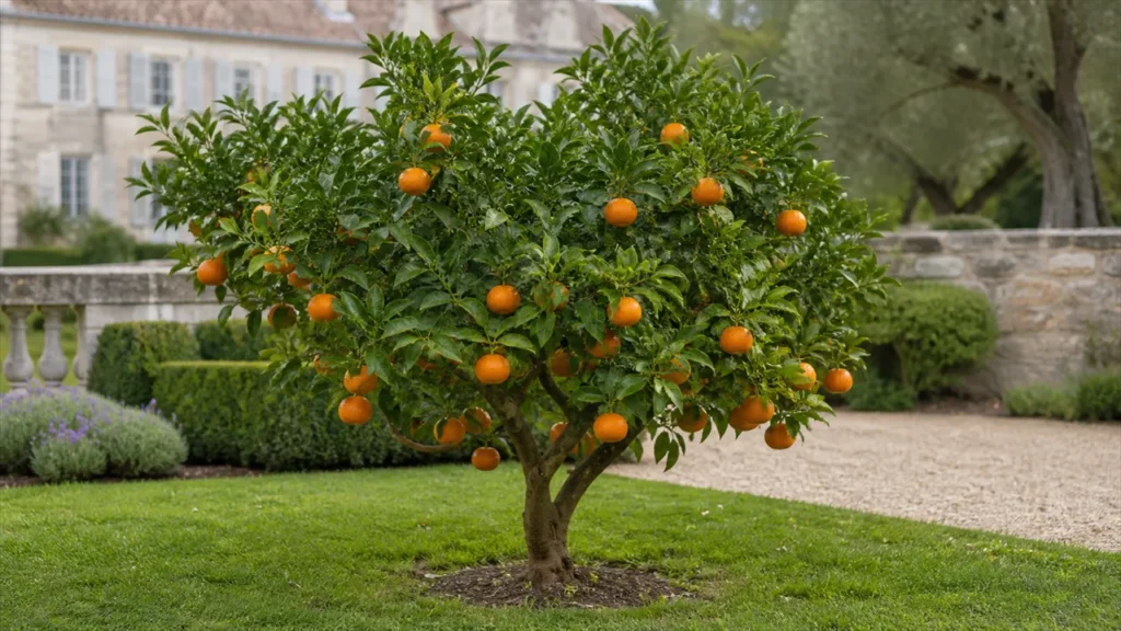 Whole Tango mandarin tree planted in open ground in the estate orchard with moderately flattened fruit distributed irregularly