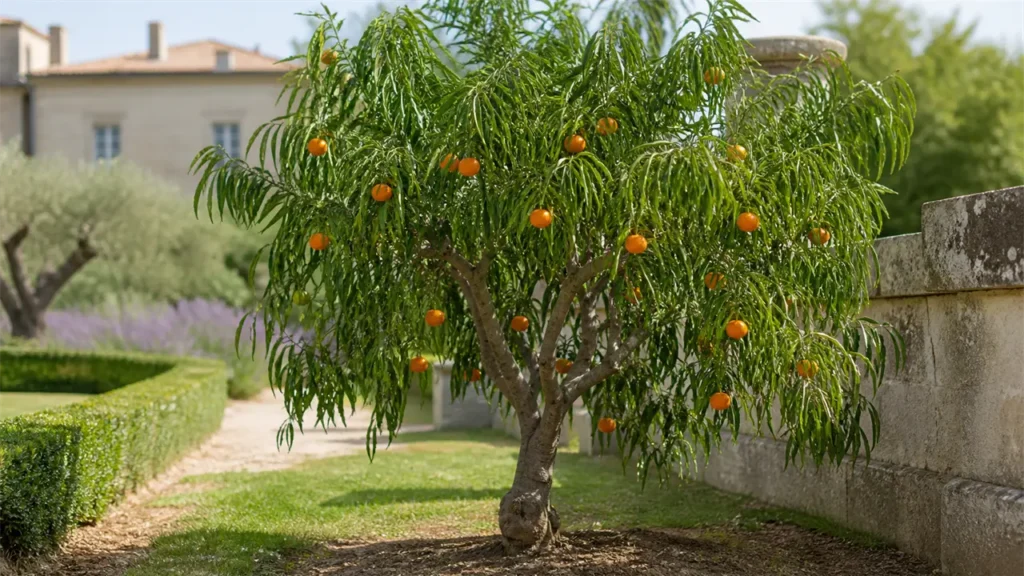 Whole Willowleaf mandarin tree planted in open ground, with narrow leaves and three small flattened orange fruits