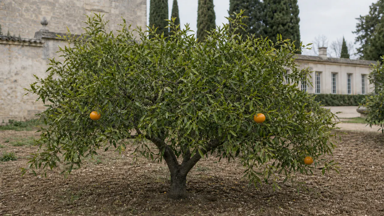 Pom întreg de mandarin Willowleaf plantat direct în sol, cu frunze înguste și trei fructe portocalii mici și turtite
