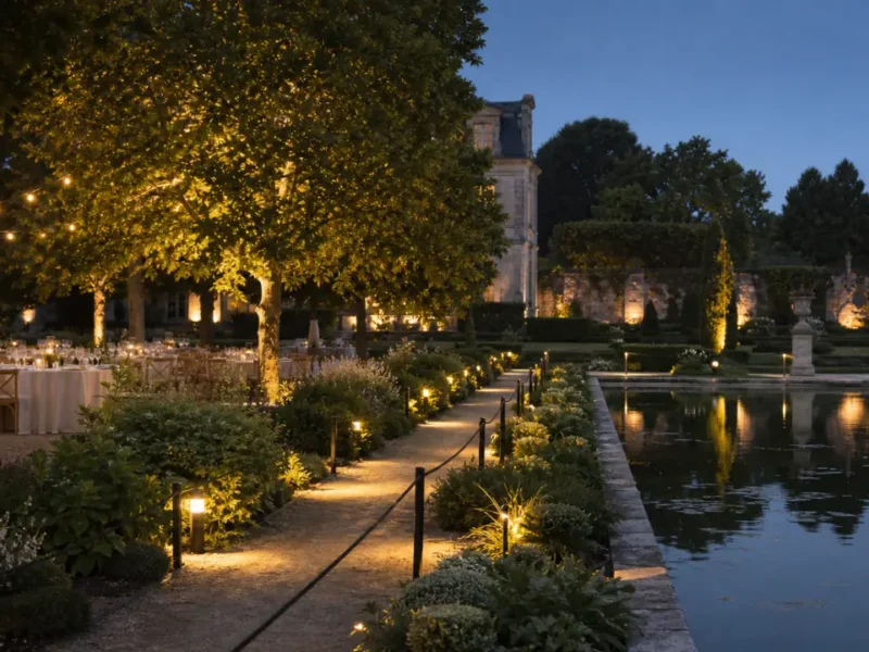 Réception de mariage en retrait d'un bassin réfléchissant avec chemin sec éclairé et limite basse visible au crépuscule