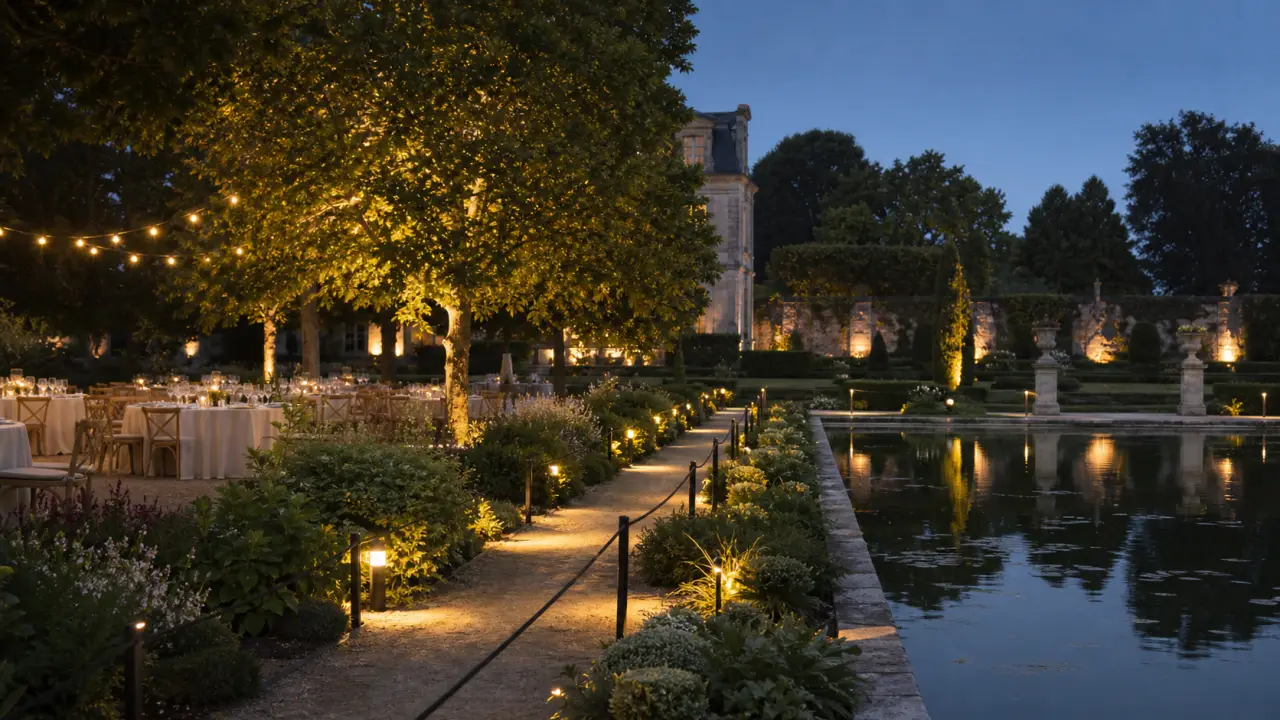 Recepción de boda retirada de un estanque reflectante con camino seco iluminado y límite bajo visible al anochecer