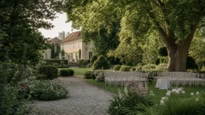 Elegant outdoor garden design with terrace, structure and planting