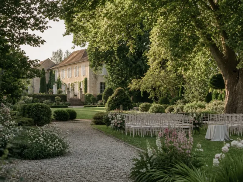 Décor de mariage champêtre sobre dans un jardin de domaine en pierre