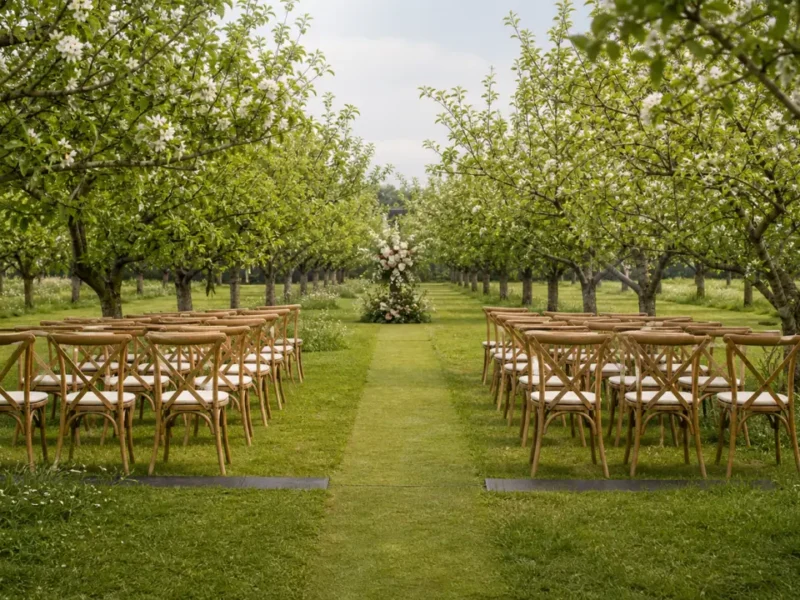 Cérémonie de mariage installée entre les rangs d'un verger sans fixation sur les fruitiers