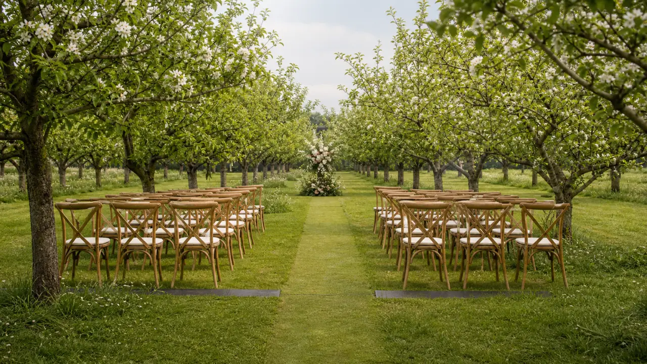 Cérémonie de mariage installée entre les rangs d'un verger sans fixation sur les fruitiers