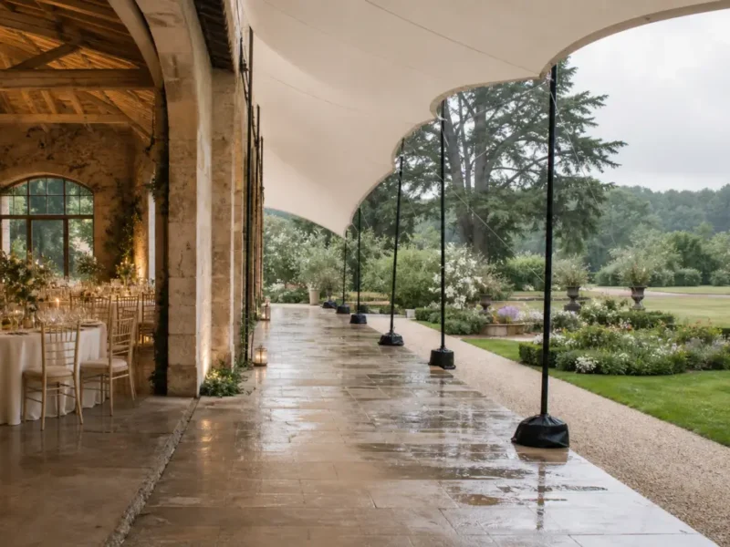 Réception de mariage dressée sous une galerie couverte, au bord d'une terrasse mouillée face au jardin