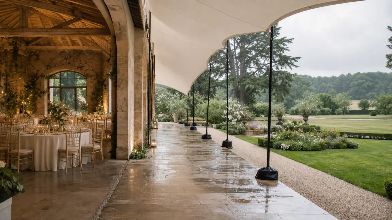 Banquete de boda dispuesto bajo una galería cubierta junto a una terraza mojada frente al jardín