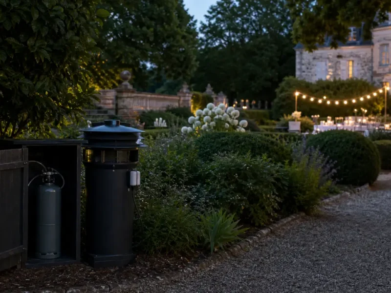 Piège professionnel à moustiques au CO2 installé en sécurité à l'écart d'une réception de mariage dans un jardin