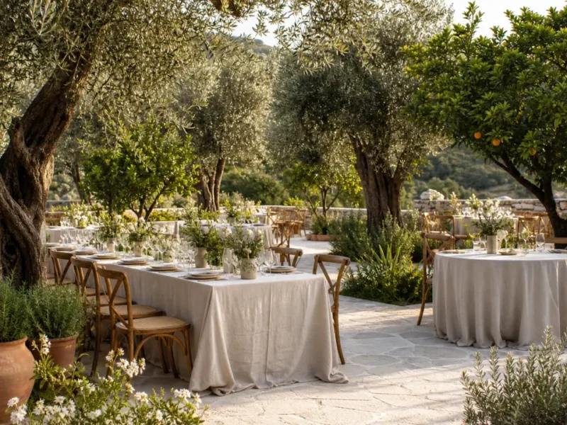 Réception de mariage méditerranéenne installée entre des oliviers et des agrumes sans fixation sur les arbres