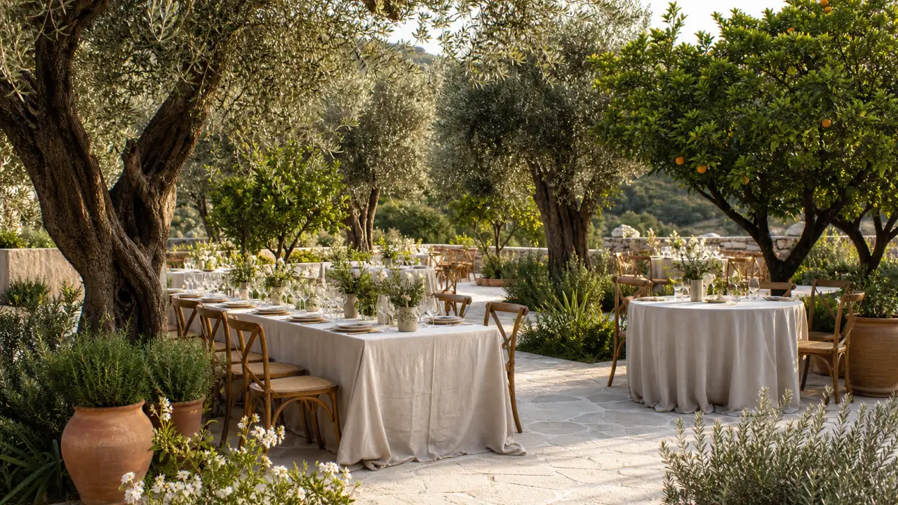 Mediterranean-inspired garden wedding arranged around olive and citrus containers without attaching decorations to trees
