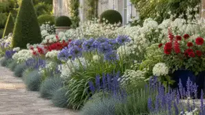 Elegant outdoor garden design with terrace, structure and planting