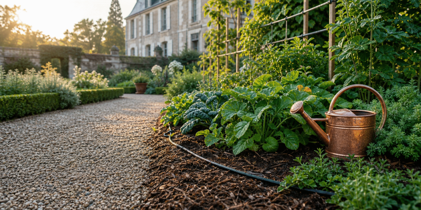 Arrosage matinal d'un potager de chateau selon la saison