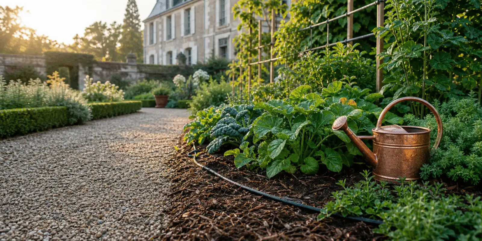 Arrosage matinal d'un potager de chateau selon la saison