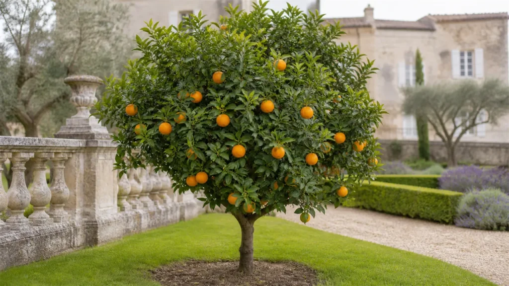 Whole Cara Cara orange tree planted in the estate garden with eight intact orange-skinned fruits irregularly distributed on the branches