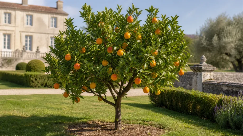 Whole mature Maltaise demi-sanguine blood orange tree planted in open ground in a heritage orchard, with a natural canopy and a moderate crop of variably blushed fruit.
