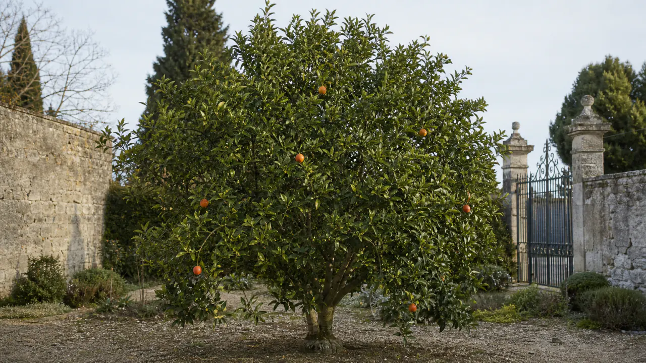 Whole mature Maltaise demi-sanguine blood orange tree planted in open ground in a heritage orchard, with a natural canopy and a moderate crop of variably blushed fruit.