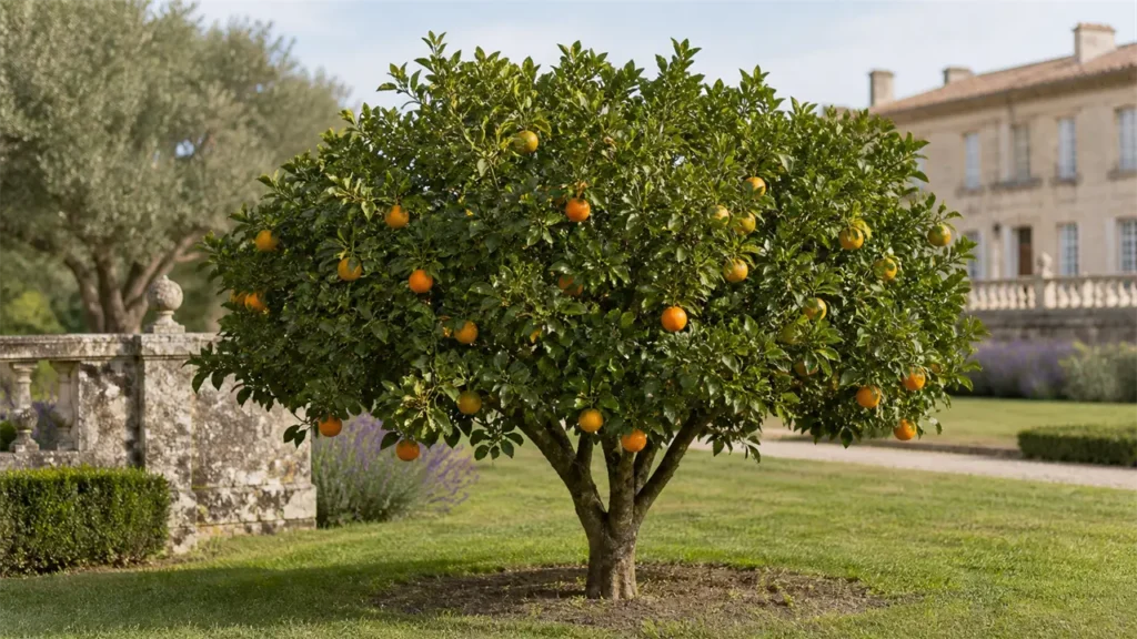 Whole Navelate orange tree planted in open ground in the estate orchard, bearing a moderate uneven crop of late oranges