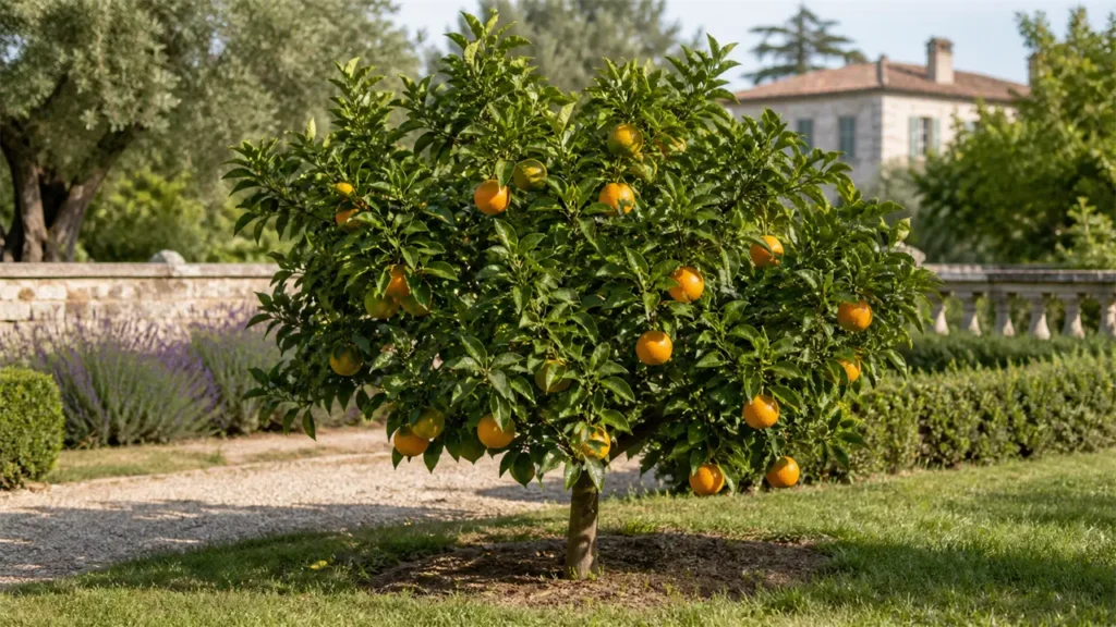Whole Naveline orange tree planted in open ground at the estate, carrying a moderate crop of naturally varied early oranges