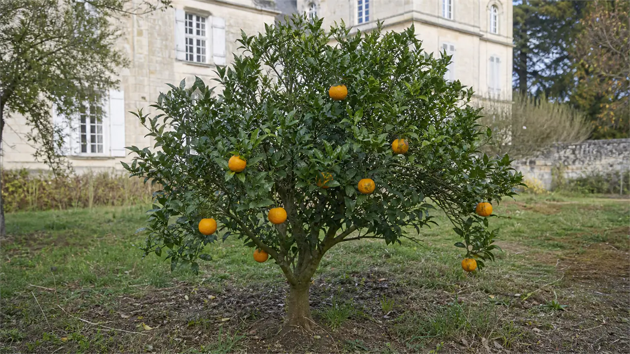 Ganzer Navelina-Orangenbaum, im Boden des Guts gepflanzt, mit mäßigem Behang natürlich unterschiedlich großer früher Orangen