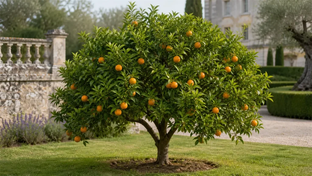 Whole Salustiana orange tree planted in open ground in the estate garden, bearing nine naturally varied oranges in size, colour and orientation