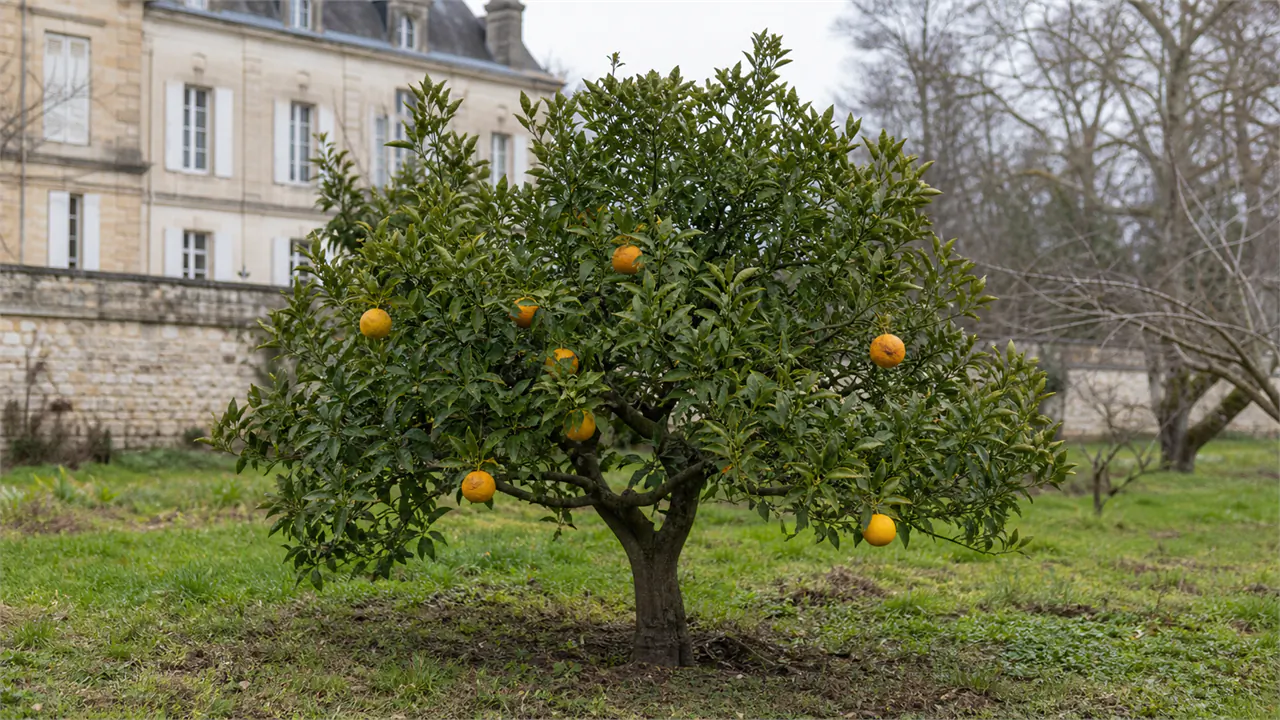 Árbol entero del naranjo Salustiana plantado directamente en el suelo del jardín del dominio, con nueve naranjas de tamaños, colores y orientaciones naturalmente variados