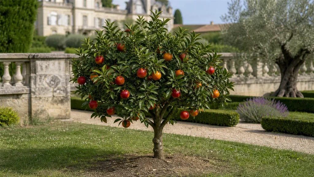 Whole mature Moro blood orange tree planted in open ground in a heritage Mediterranean garden, with a natural dense canopy and a few ripe fruits irregularly spaced in winter light.