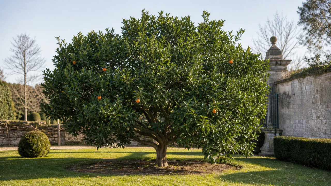 Ganzer Moro-Blutorangenbaum in einem historischen mediterranen Garten, ausgepflanzt mit natürlicher dichter Krone und wenigen unregelmäßig verteilten reifen Früchten im Winterlicht.