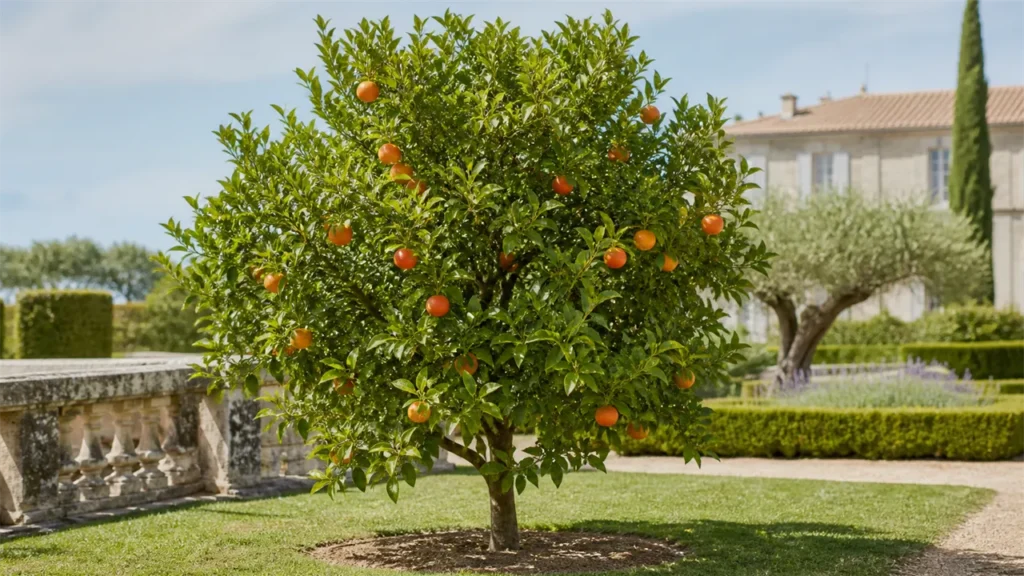 Whole mature Sanguinello blood orange tree planted in open ground in a heritage orchard, with a natural irregular canopy and a moderate crop of variably blushed fruit.